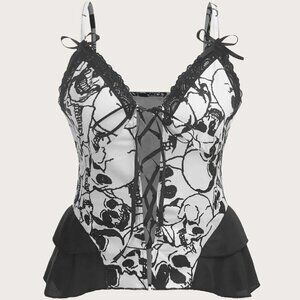 HALLOWEEN plus size skull Print Ruffle Trim Lace Up Cami Top Black and White / X